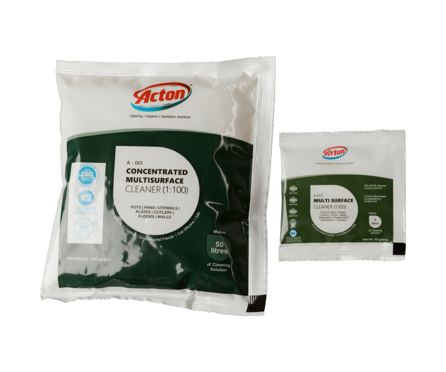 Clear plastic pouch of Acton Concentrated Multisurface Cleaner with green and white label. Emphasizes efficiency and versatility with 500 ml capacity.