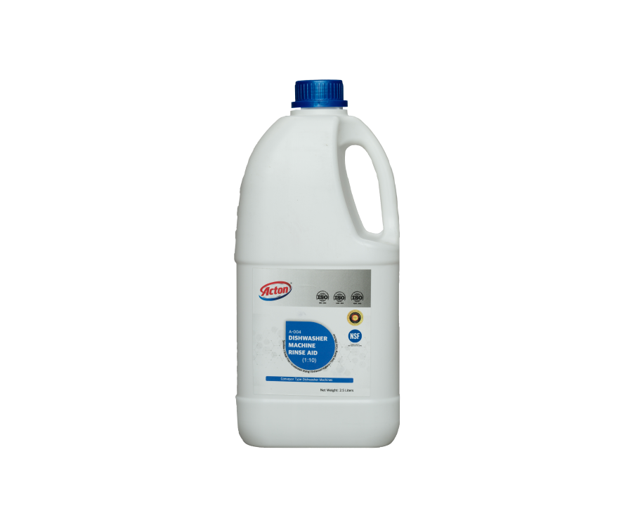 White jug of cleaning solution with a blue cap and label, featuring red and blue text. The background is plain white, emphasizing the product's design.