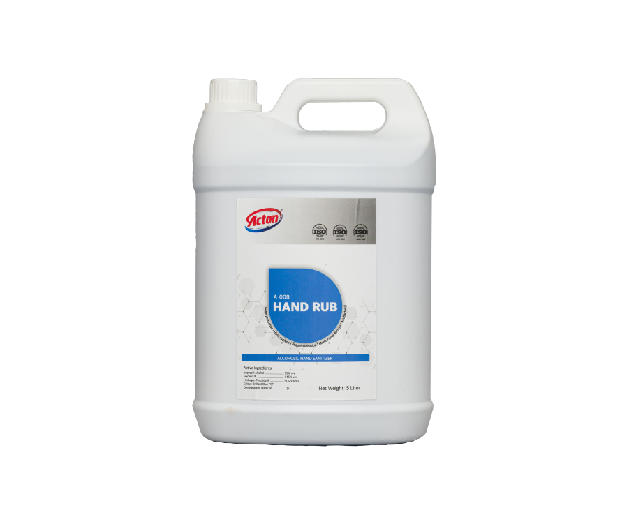 A large white plastic container with a blue label displaying "Hand Rub." The container has a handle and appears to be designed for hygiene use.