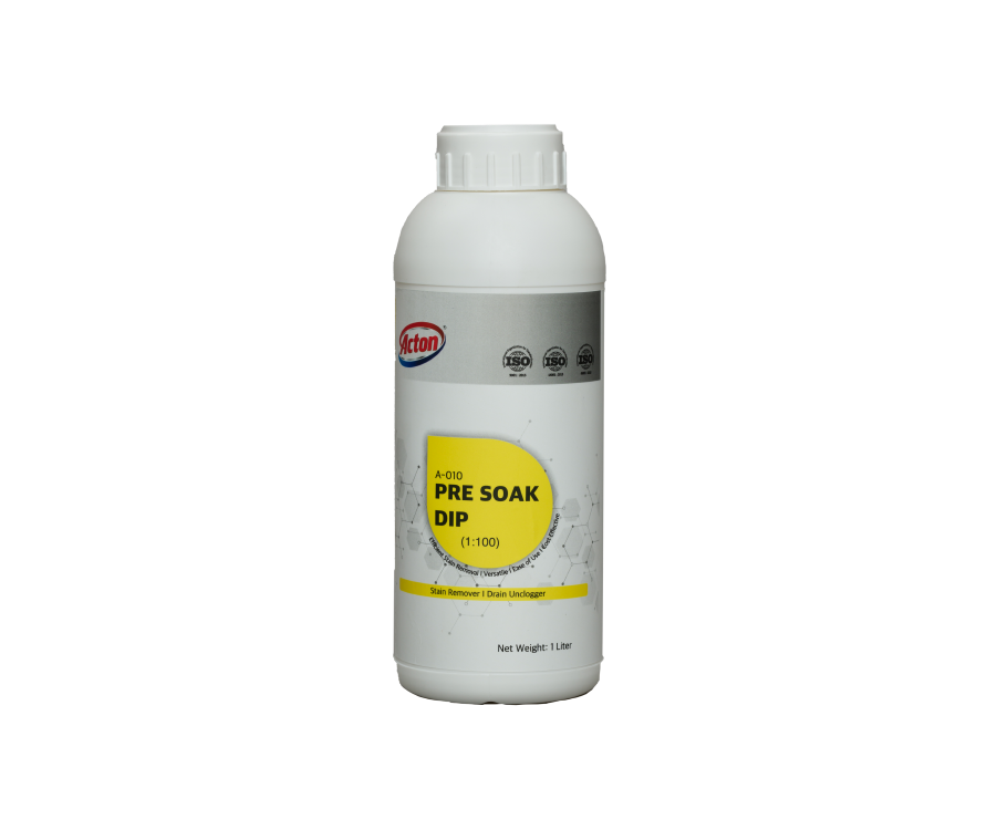White bottle of Pre Soak Dip with a yellow label, featuring text and a red logo, against a plain white background. The design is minimalist and clean.