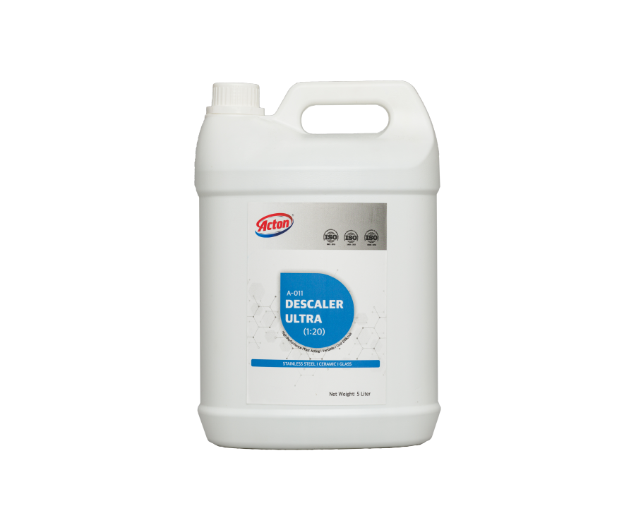 A white, large plastic container with a handle, labeled "Acton Descaler Ultra," features a blue and silver design, conveying a clean, industrial look