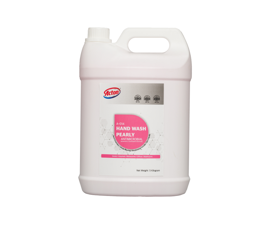 A white plastic gallon bottle labeled "Antibacterial Hand Wash Pearly" with a pink and white design, featuring a brand logo and hygiene symbols.