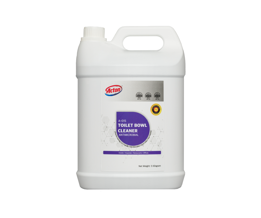 White plastic gallon jug of toilet bowl cleaner with a blue and white label, featuring a red logo and text indicating acid-based formula for cleaning.