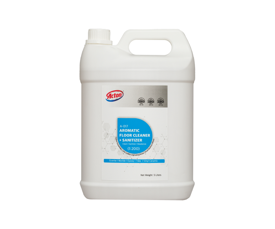 White plastic gallon jug labeled "Aromatic Floor Cleaner & Sanitizer" by Acton. Features blue and white design, suggesting cleanliness and freshness.