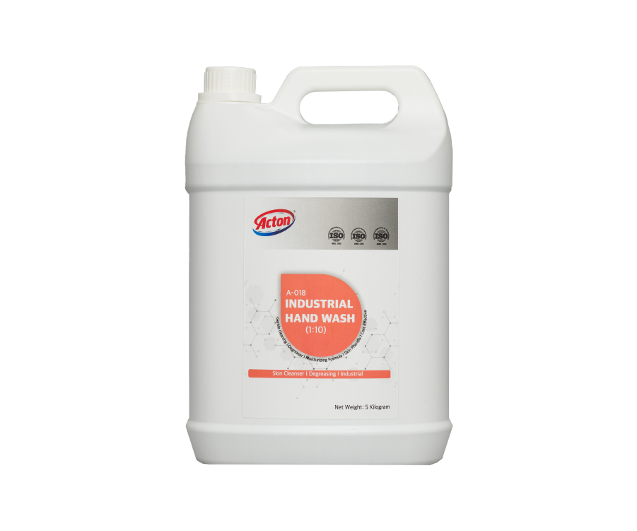 A large white container labeled "Acton Industrial Hand Wash" with a carrying handle. The design is simple, conveying a professional and clean tone.
