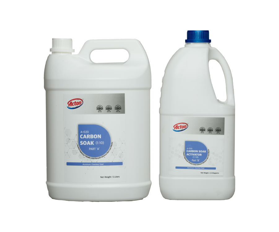 Two white plastic jugs with handles and spouts, labeled as "Action Carbon Soak Parts 1 and 2." The jugs have blue and gray labels and a clean, industrial design.