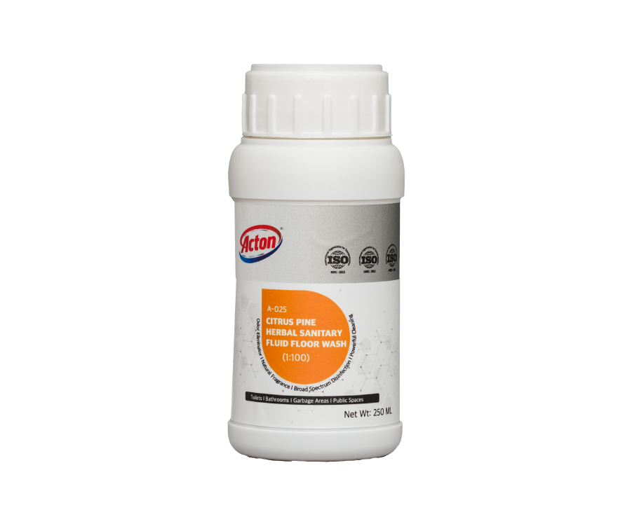 White plastic bottle of Citrus Pine Herbal Sanitary Fluid Floor Wash with white cap and orange-silver label design.