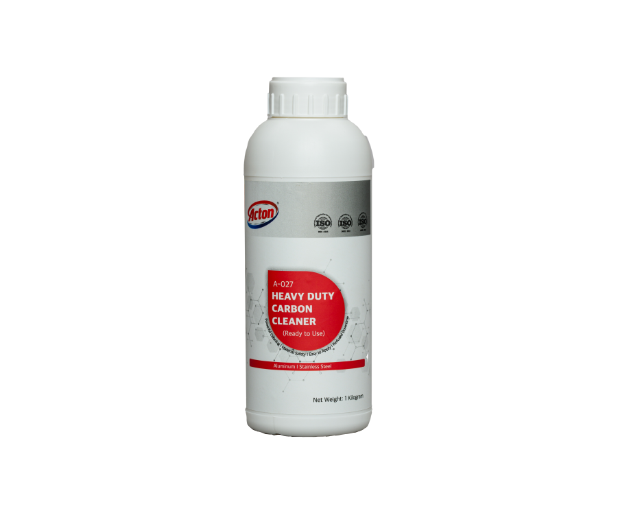 Plastic bottle of Acton Heavy Duty Carbon Cleaner against a white background. The bottle features a red label with bold text and icons indicating its use.