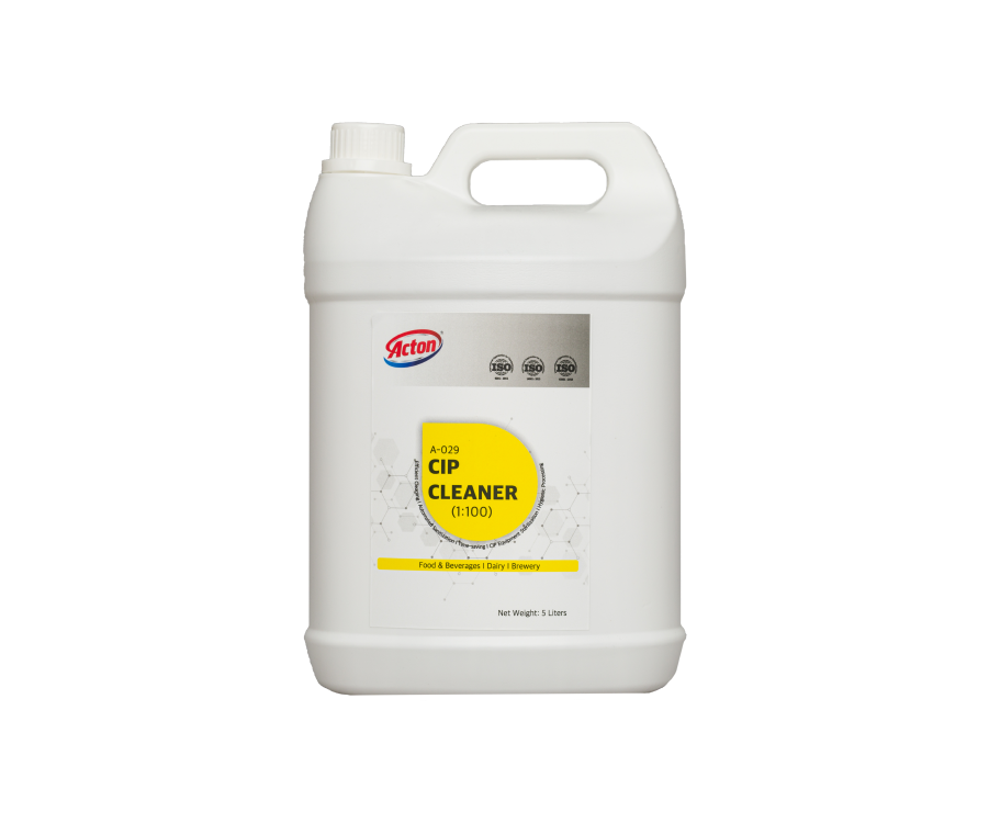 White plastic container labeled "CIP Cleaner" with a yellow circle and red logo. Simple, industrial design with a clean, efficient feel.