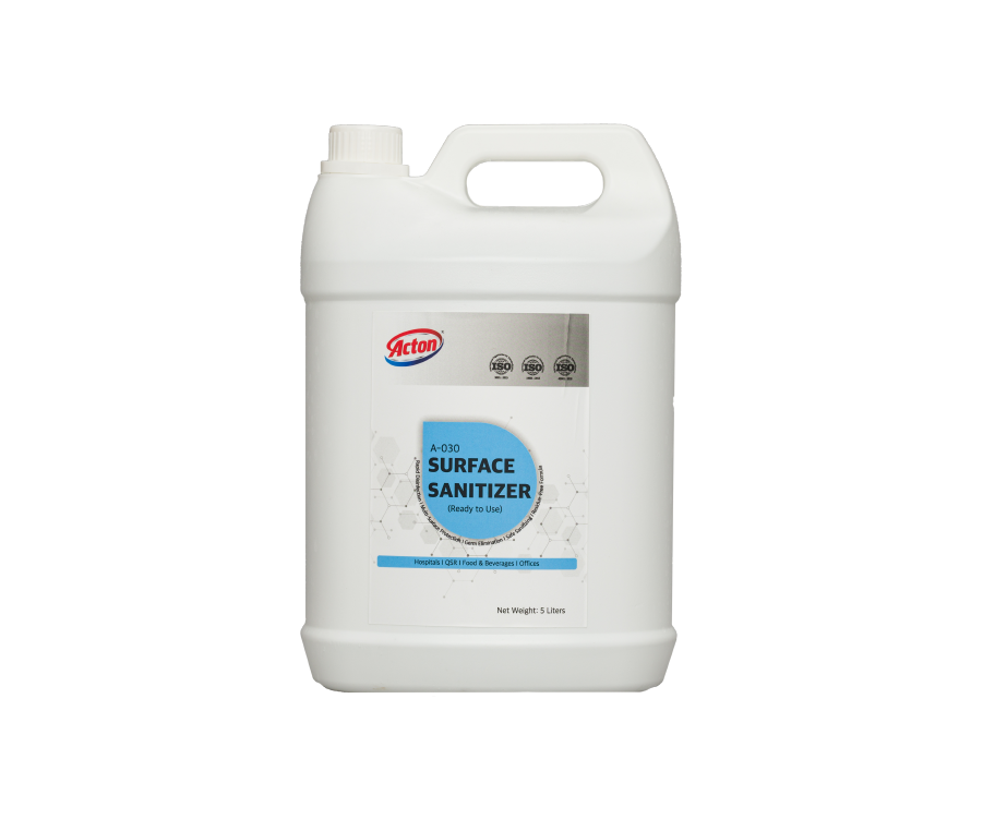 White plastic jug with a handle, containing surface sanitizer. Label is blue with brand name, emphasizing hygiene and cleanliness.