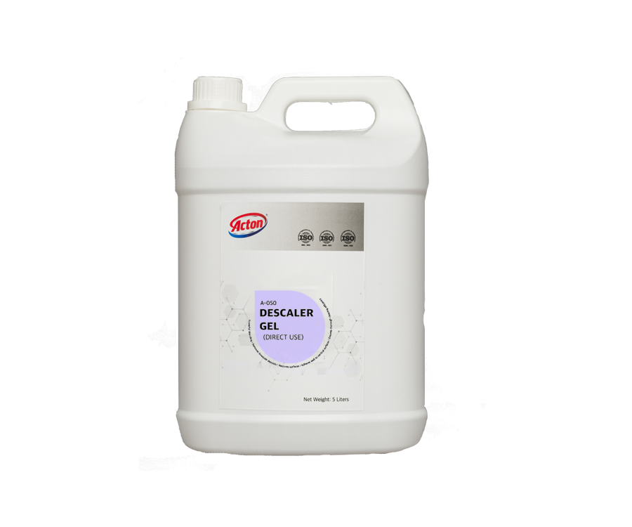 Large white plastic jug labeled "Descaler Gel" with a purple accent, handle on top. The packaging suggests it is a heavy-duty cleaning product.