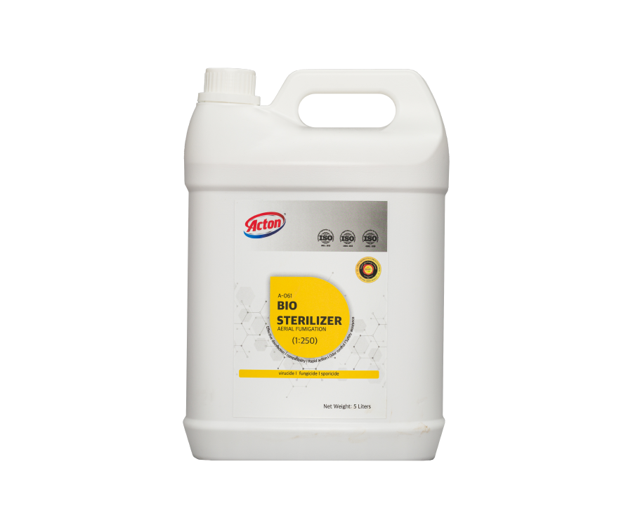 White bottle of Action Bio Sterilizer with a handle, featuring a yellow and gray label. It conveys cleanliness and sanitation.