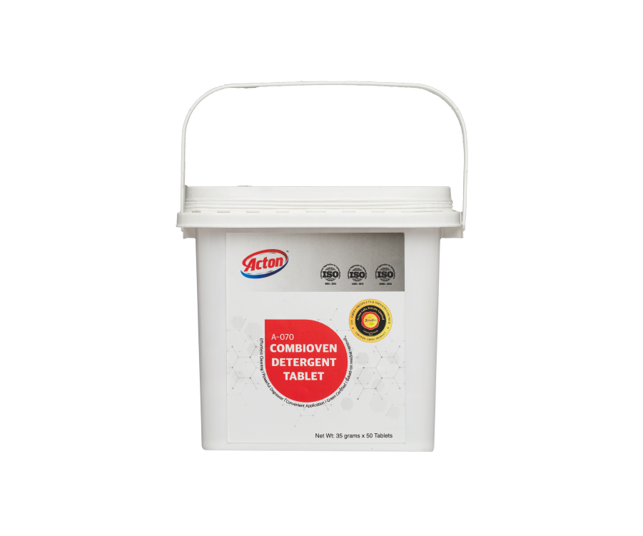 White plastic container of Acton combi oven detergent tablets with red label and icons showing eco-friendliness. The tone is clean and professional.