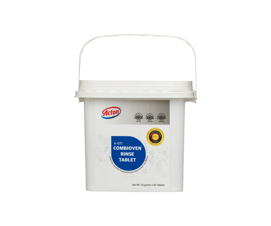 White plastic container labeled “Acton Combioven Rinse Tablet” with blue and red logo, certifications, and tablet illustrations. Clean, professional design.