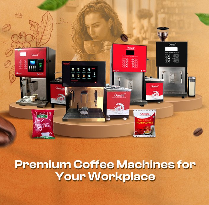 Coffee machines displayed on platforms, surrounded by coffee and tea packages. A woman enjoys coffee in the background. Text: "Premium Coffee Machines for Your Workplace."