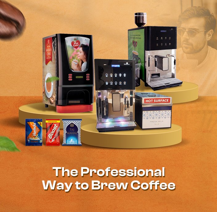Three modern coffee machines on platforms, surrounded by drink sachets and a carton of milk. Text reads, The Professional Way to Brew Coffee.