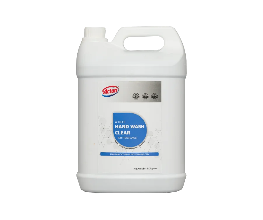 White plastic jug with a handle, labeled "Acton Hand Wash Clear 4001." The label is blue and white, suggesting a clean and hygienic product.