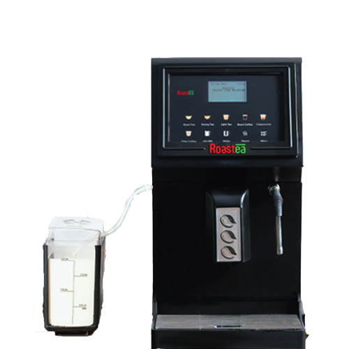 A sleek black Roastea vending machine with a digital display, buttons for drink options, and an attached white milk container against a black background.