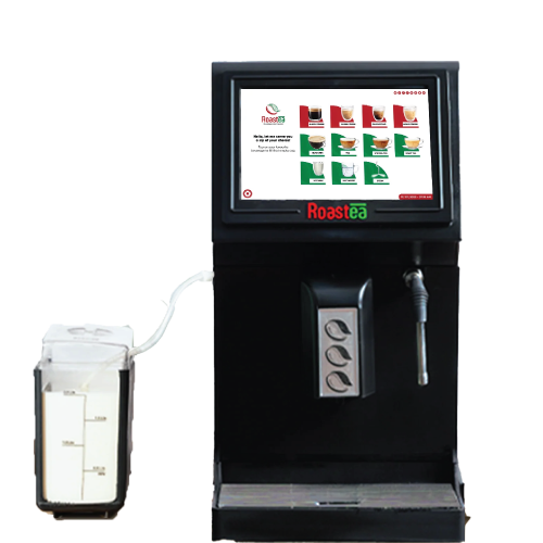 Black beverage vending machine with a touchscreen displaying drink options. A small milk container is attached. Sleek, modern design.