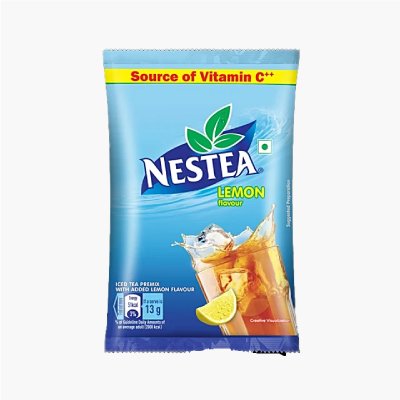 Yellow and blue packaging of Nestea lemon iced tea powder. Features iced tea with lemon slices, highlighting vitamin C content. Refreshing and vibrant.