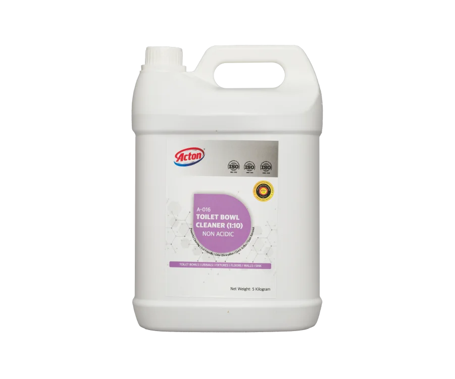 White plastic jug of Acton non-acid toilet bowl cleaner with a purple label. The label includes simple graphics and safety icons, conveying cleanliness.