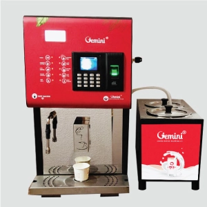 A red and black coffee vending machine with a bio metric black control box digital display and multiple buttons, labeled "Gemini," next to a milk container with a piping connection with black lid