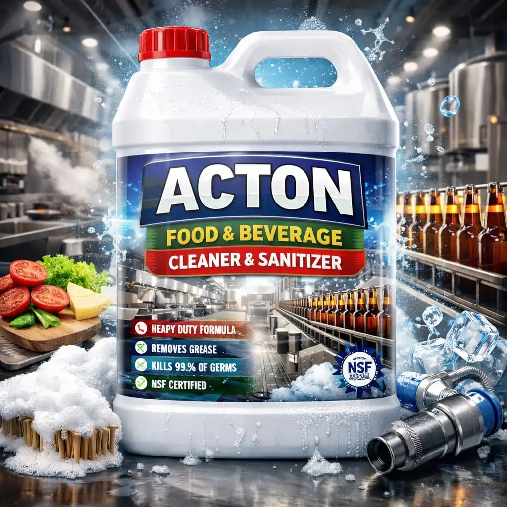 Container of ACTON food and beverage cleaner is foregrounded in a bustling industrial kitchen, with soap suds, sliced vegetables, ice cubes, and bottles.