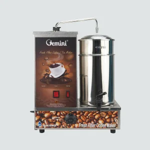 A sleek metal coffee maker labeled "Gemini" with a built-in filter and warm coffee imagery. It has a modern design and controls for easy operation