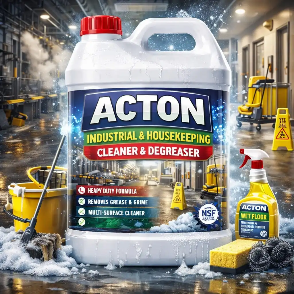 Jug and spray bottle of Acton industrial cleaner in a shiny factory. Cleaning tools and wet-floor signs add to the polished, efficient scene.