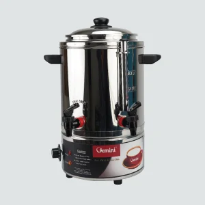 Stainless steel coffee urn with a lid, designed for milk and hot water boiling and serving large.