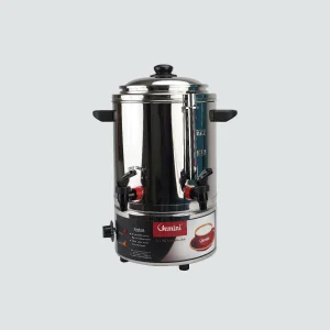 Stainless steel coffee urn with a black lid, designed for milk and hot water boiling and serving large.