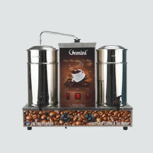 Steel coffee and tea maker with two cylindrical containers and a central panel featuring a cup image. Decorative coffee bean design at the base.