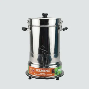 Stainless steel coffee urn with a lid, designed for brewing and serving large quantities of traditional tea.